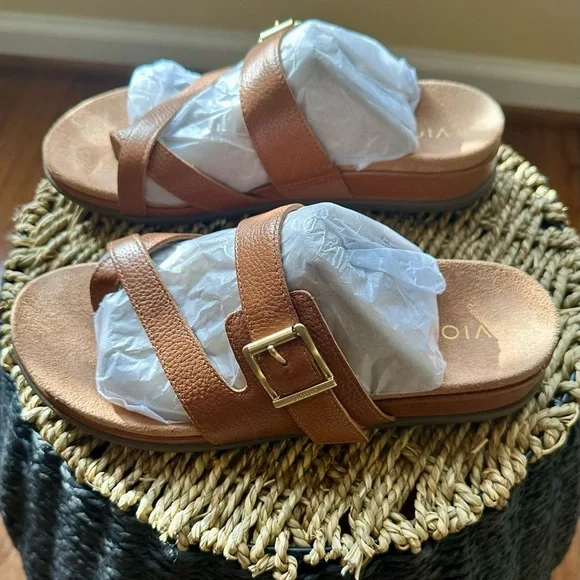 Vionic Carmela Tan Leather Slide Sandals - Picture 1 of 5